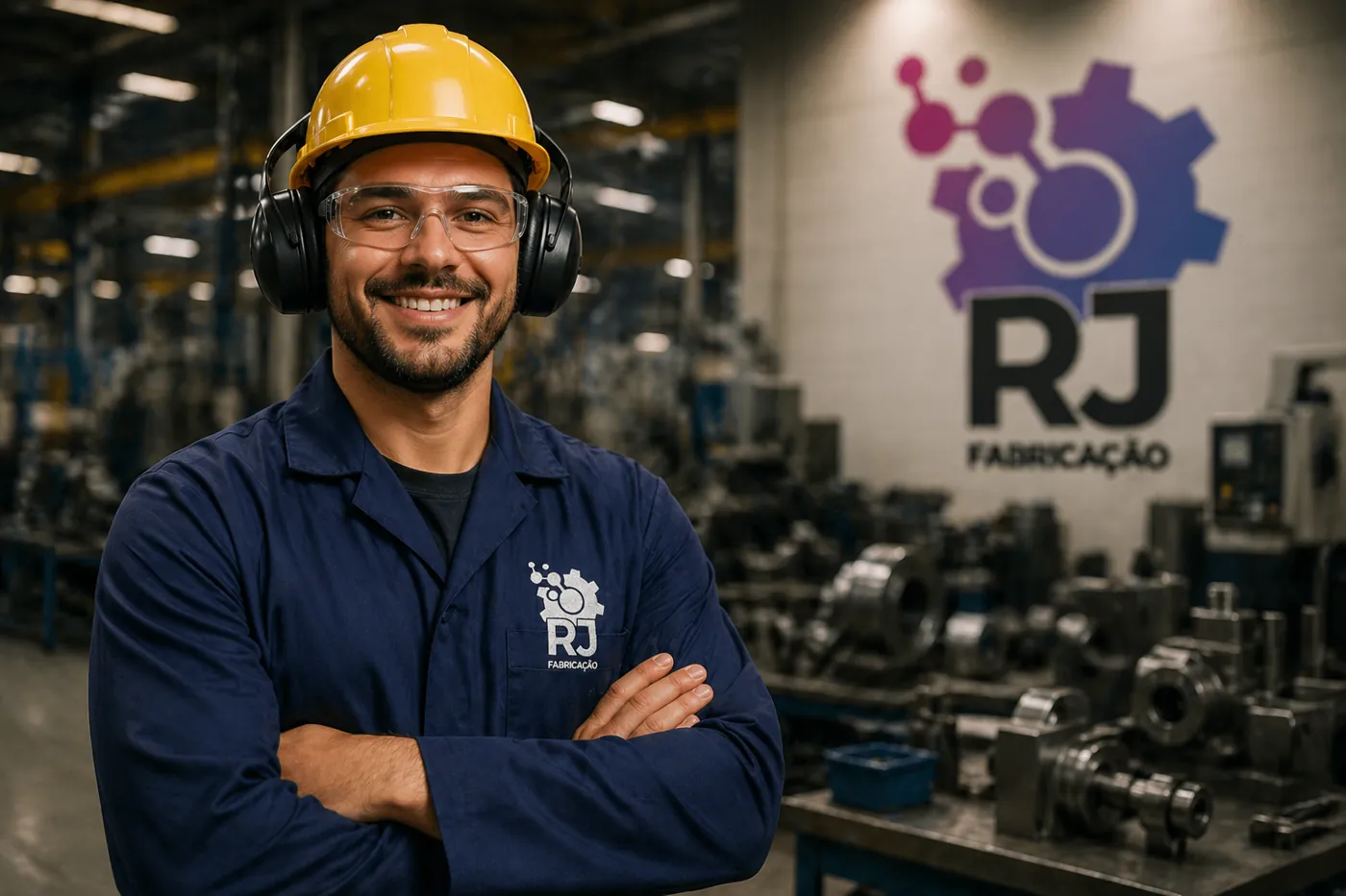 Colaborador da RJ Fabricação de capacete e fones, em frente ao logo na parede da fábrica